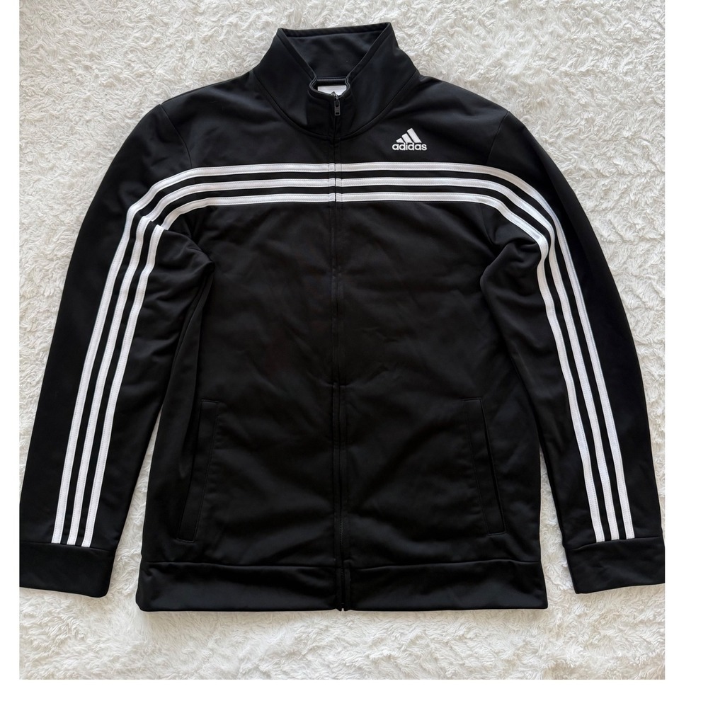 Adidas Track Jacket Boys XL 18/20 3-Stripe Full Zip Black White Excellent